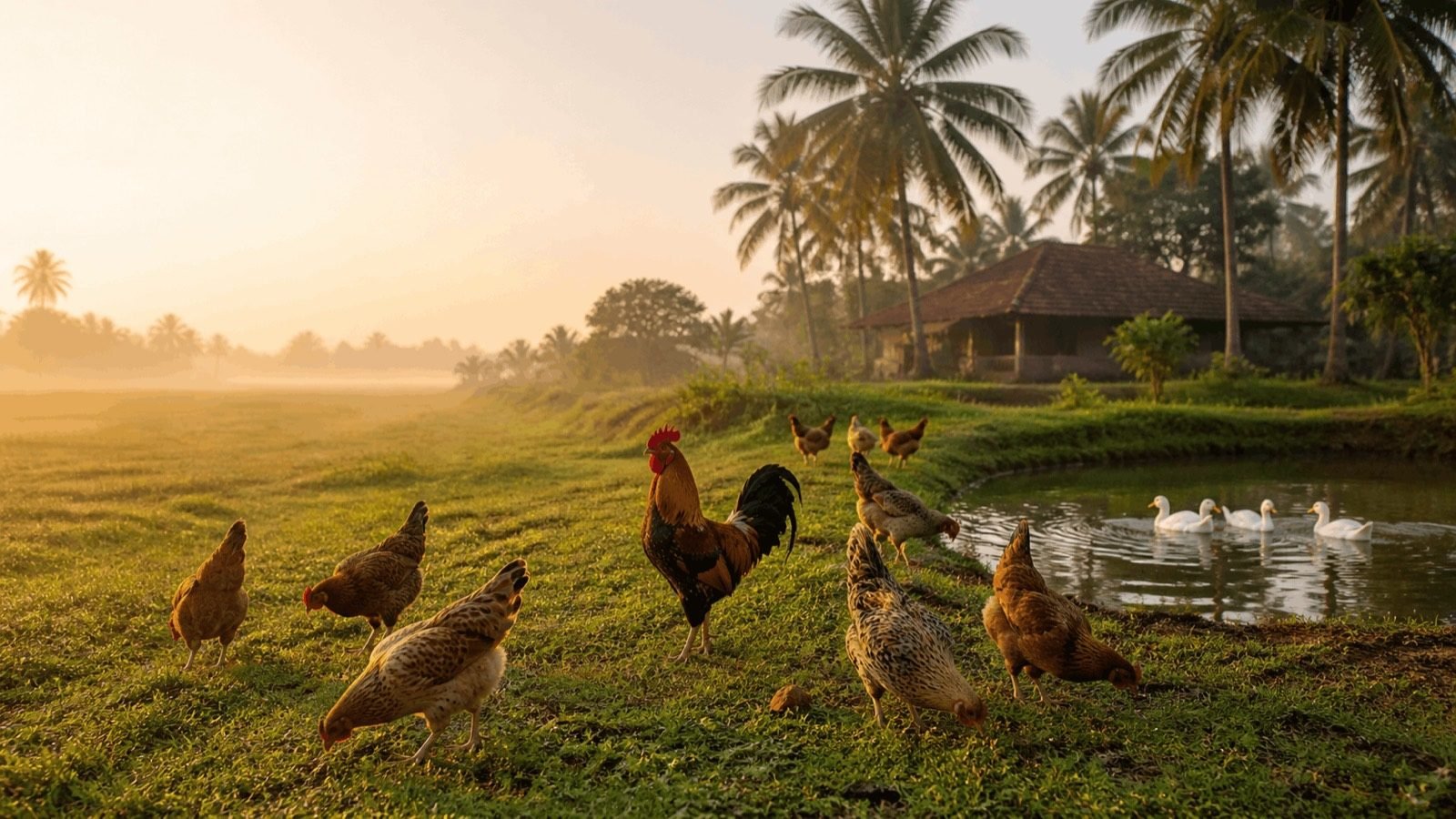 Vihari Farms — free-range chickens on lush green farmland at the farm in Rampally, Hyderabad
