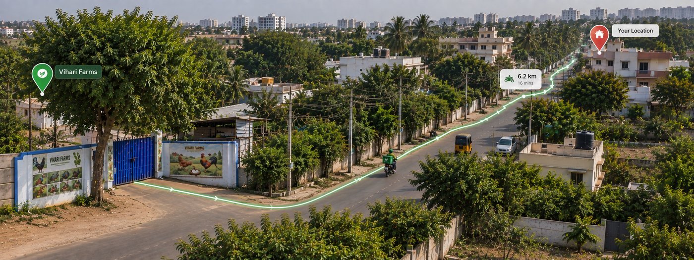 A Vihari Farms delivery rider on a motorbike leaving the farm gate near Rampally, Secunderabad, following the green route to a customer home in Hyderabad