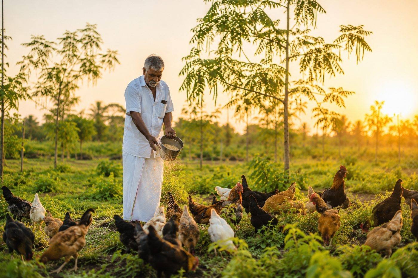 Farmer hand-feeding free-range country chickens at Vihari Farms in Rampally, Secunderabad — naturally raised, chemical-free poultry